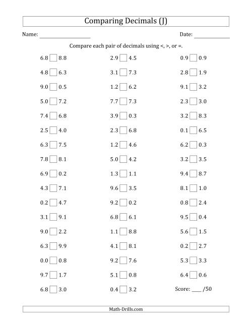 The Comparing Decimals Up to Tenths (Both Numbers Random) (J) Math Worksheet