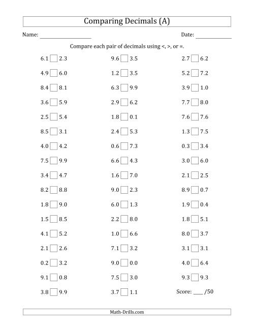 The Comparing Decimals Up to Tenths (Both Numbers Random) (All) Math Worksheet