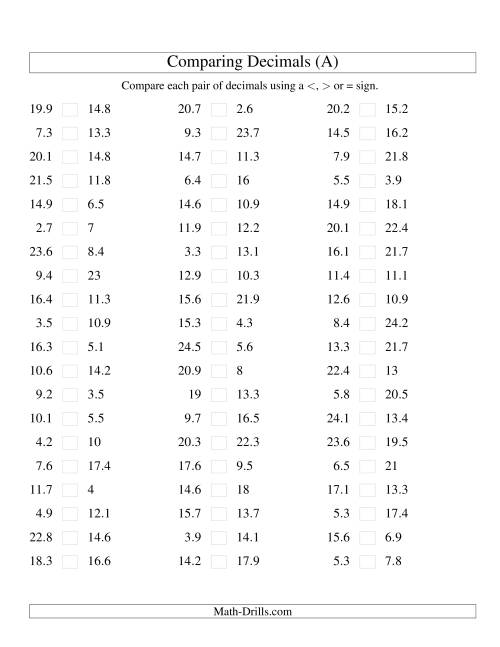 The Comparing Decimals up to Tenths (Old) Math Worksheet