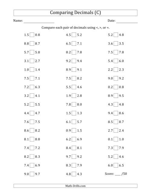 The Comparing Decimals Up to Tenths (Both Numbers Close in Value) (C) Math Worksheet