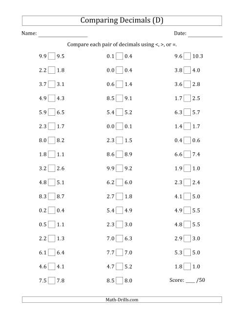 The Comparing Decimals Up to Tenths (Both Numbers Close in Value) (D) Math Worksheet