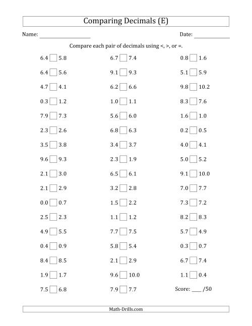 The Comparing Decimals Up to Tenths (Both Numbers Close in Value) (E) Math Worksheet