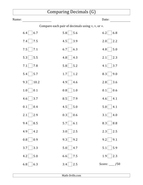The Comparing Decimals Up to Tenths (Both Numbers Close in Value) (G) Math Worksheet
