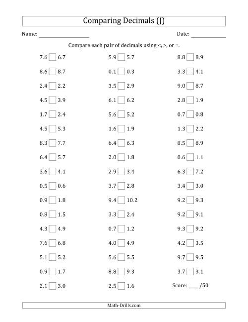 The Comparing Decimals Up to Tenths (Both Numbers Close in Value) (J) Math Worksheet