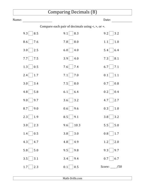 The Comparing Decimals Up to Tenths (Various Tricks) (B) Math Worksheet