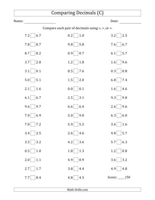 The Comparing Decimals Up to Tenths (Various Tricks) (C) Math Worksheet