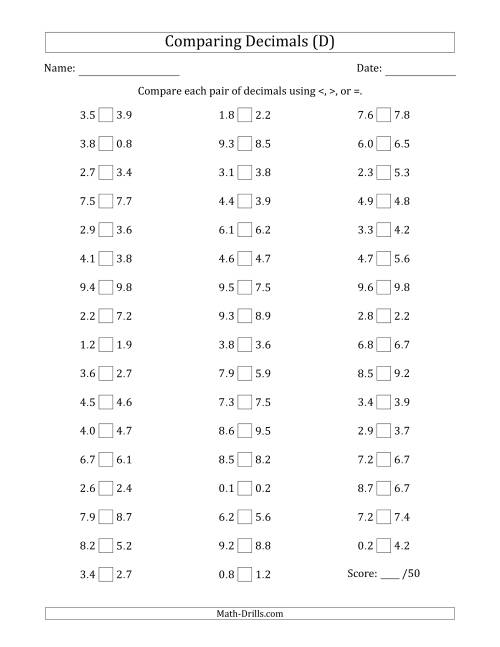 The Comparing Decimals Up to Tenths (Various Tricks) (D) Math Worksheet