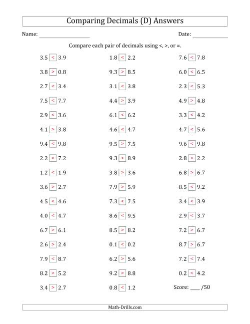 The Comparing Decimals Up to Tenths (Various Tricks) (D) Math Worksheet Page 2