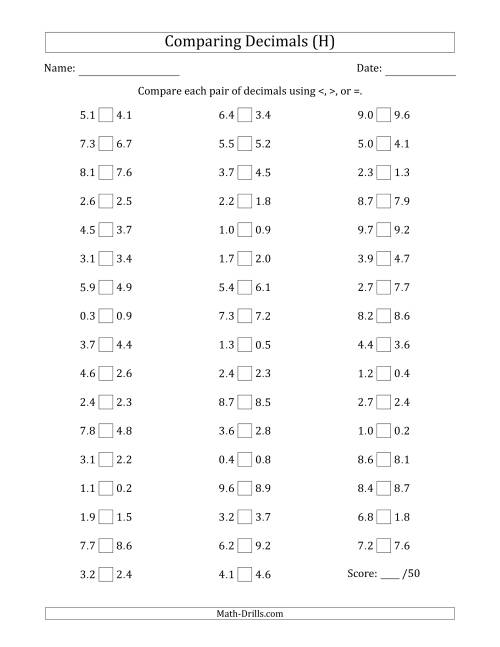 The Comparing Decimals Up to Tenths (Various Tricks) (H) Math Worksheet