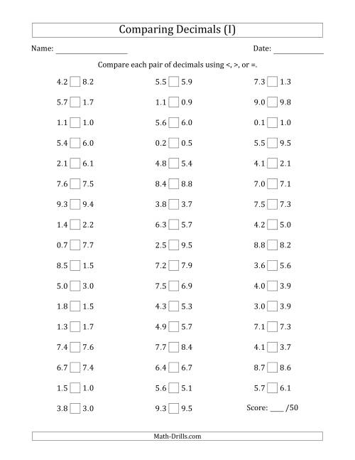 The Comparing Decimals Up to Tenths (Various Tricks) (I) Math Worksheet