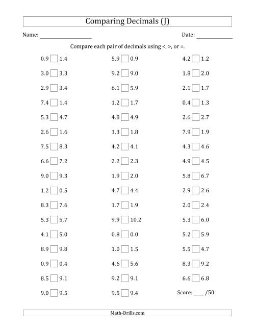 The Comparing Decimals Up to Tenths (Various Tricks) (J) Math Worksheet