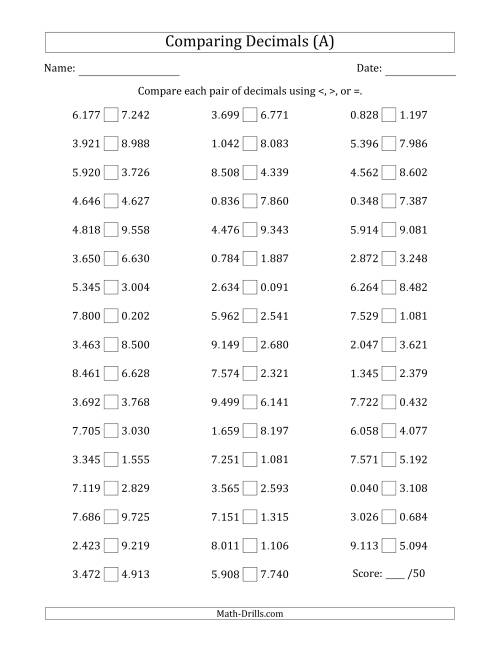 The Comparing Decimals Up to Thousandths (Both Numbers Random) (A) Math Worksheet