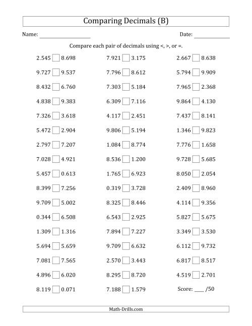 The Comparing Decimals Up to Thousandths (Both Numbers Random) (B) Math Worksheet