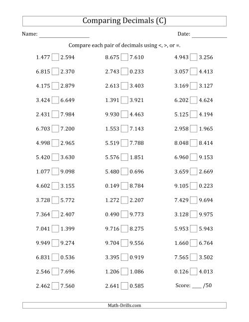 The Comparing Decimals Up to Thousandths (Both Numbers Random) (C) Math Worksheet