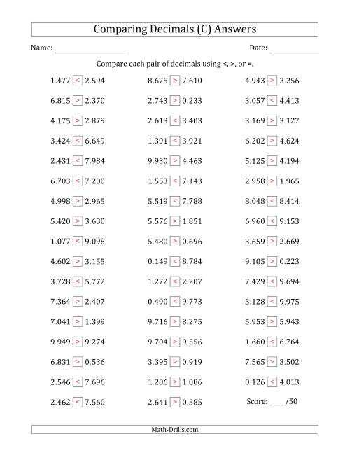 The Comparing Decimals Up to Thousandths (Both Numbers Random) (C) Math Worksheet Page 2