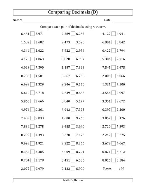 The Comparing Decimals Up to Thousandths (Both Numbers Random) (D) Math Worksheet