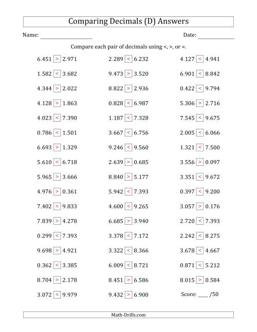 The Comparing Decimals Up to Thousandths (Both Numbers Random) (D) Math Worksheet Page 2