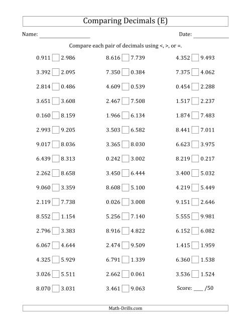 The Comparing Decimals Up to Thousandths (Both Numbers Random) (E) Math Worksheet