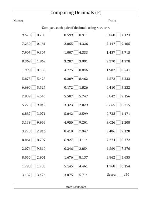 The Comparing Decimals Up to Thousandths (Both Numbers Random) (F) Math Worksheet