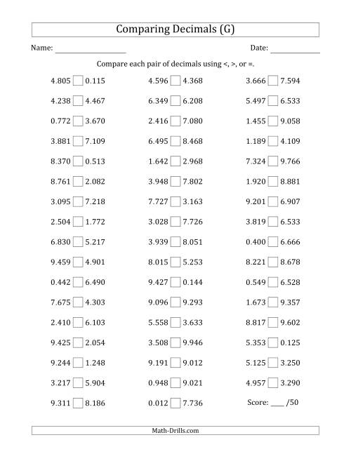 The Comparing Decimals Up to Thousandths (Both Numbers Random) (G) Math Worksheet