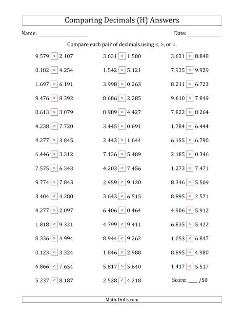 The Comparing Decimals Up to Thousandths (Both Numbers Random) (H) Math Worksheet Page 2