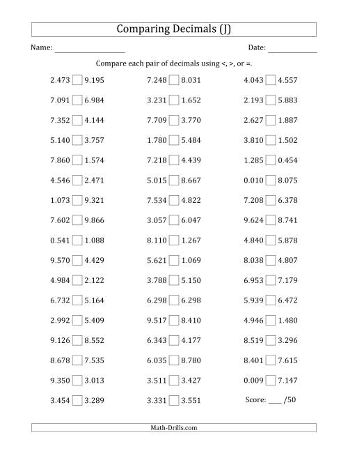 The Comparing Decimals Up to Thousandths (Both Numbers Random) (J) Math Worksheet