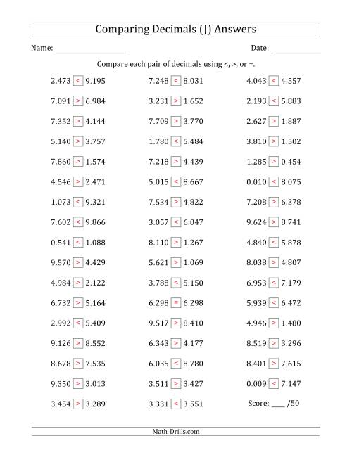 The Comparing Decimals Up to Thousandths (Both Numbers Random) (J) Math Worksheet Page 2