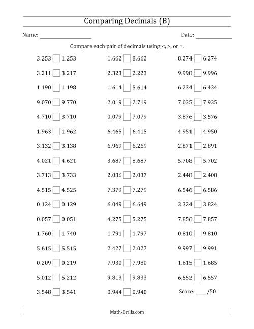 The Comparing Decimals Up to Thousandths (One Digit Differs) (B) Math Worksheet