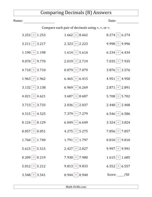 The Comparing Decimals Up to Thousandths (One Digit Differs) (B) Math Worksheet Page 2
