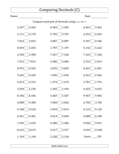 The Comparing Decimals Up to Thousandths (One Digit Differs) (C) Math Worksheet