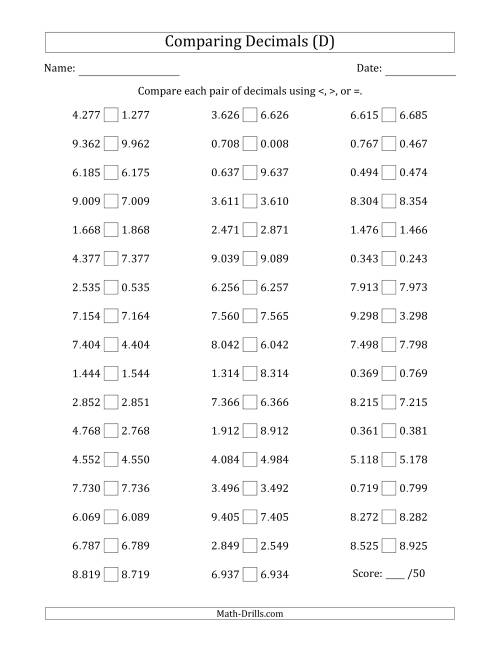 The Comparing Decimals Up to Thousandths (One Digit Differs) (D) Math Worksheet