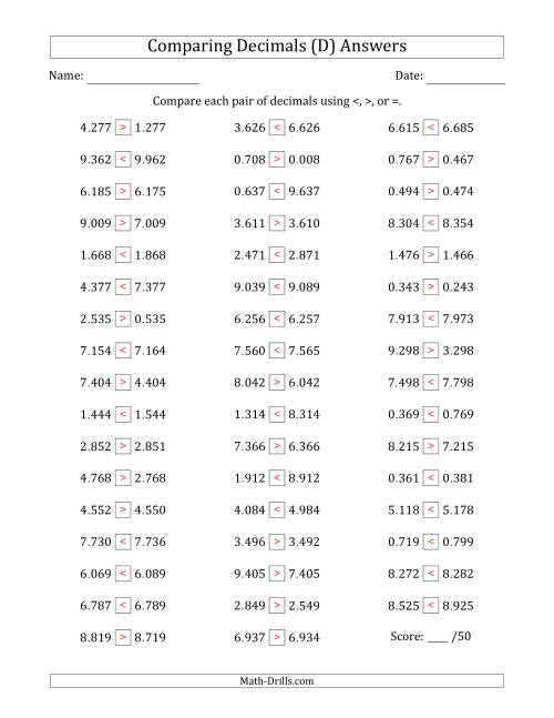 The Comparing Decimals Up to Thousandths (One Digit Differs) (D) Math Worksheet Page 2