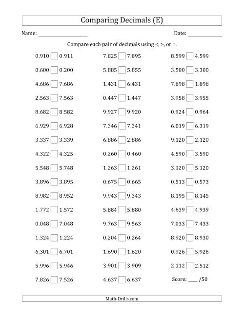 The Comparing Decimals Up to Thousandths (One Digit Differs) (E) Math Worksheet