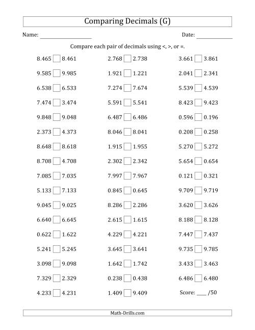 The Comparing Decimals Up to Thousandths (One Digit Differs) (G) Math Worksheet