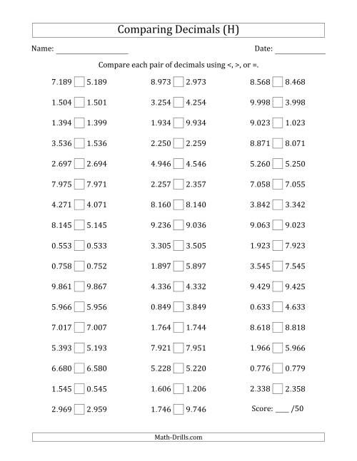 The Comparing Decimals Up to Thousandths (One Digit Differs) (H) Math Worksheet
