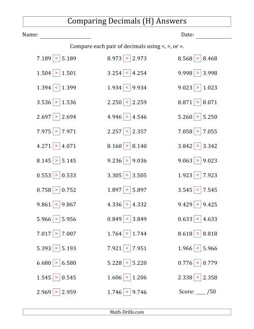 The Comparing Decimals Up to Thousandths (One Digit Differs) (H) Math Worksheet Page 2