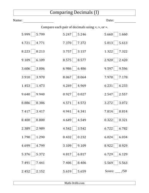 The Comparing Decimals Up to Thousandths (One Digit Differs) (I) Math Worksheet