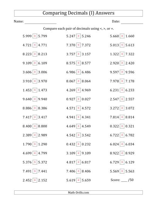 The Comparing Decimals Up to Thousandths (One Digit Differs) (I) Math Worksheet Page 2