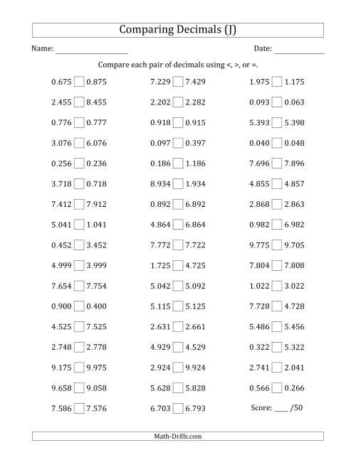 The Comparing Decimals Up to Thousandths (One Digit Differs) (J) Math Worksheet