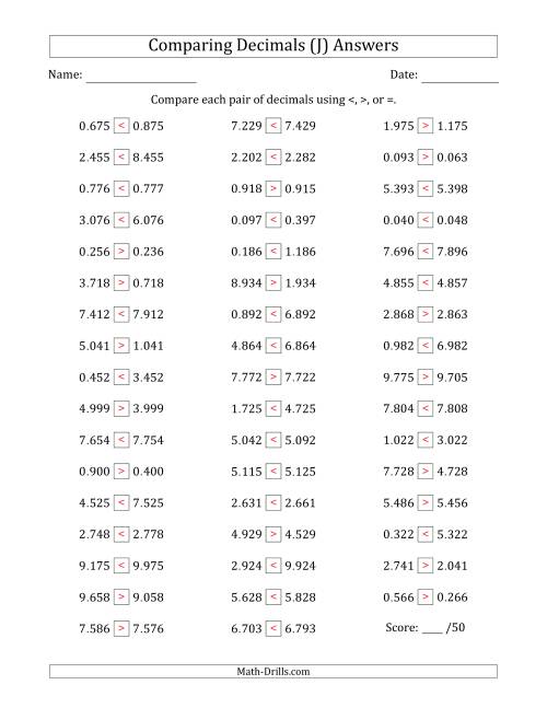 The Comparing Decimals Up to Thousandths (One Digit Differs) (J) Math Worksheet Page 2