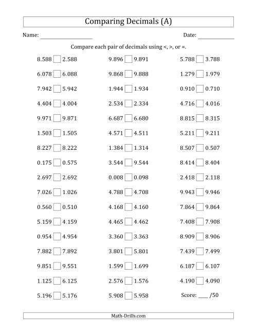 The Comparing Decimals Up to Thousandths (One Digit Differs) (All) Math Worksheet