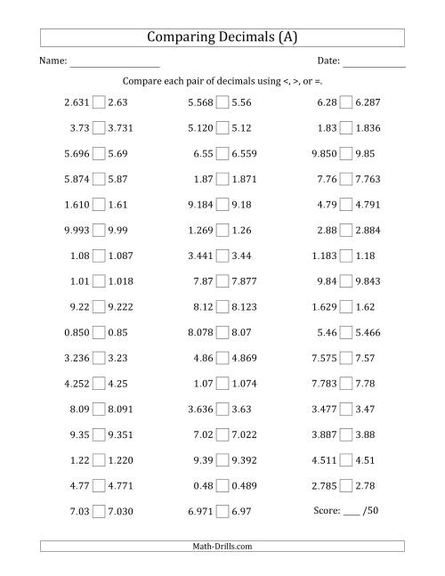 The Comparing Decimals Up to Thousandths (One Number Has an Extra Digit) (A) Math Worksheet