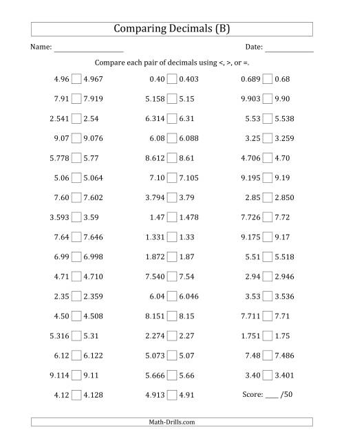The Comparing Decimals Up to Thousandths (One Number Has an Extra Digit) (B) Math Worksheet