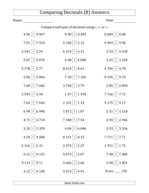 The Comparing Decimals Up to Thousandths (One Number Has an Extra Digit) (B) Math Worksheet Page 2
