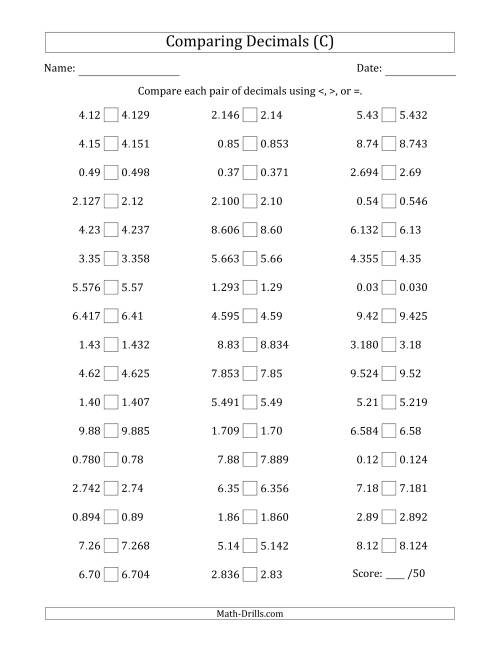 The Comparing Decimals Up to Thousandths (One Number Has an Extra Digit) (C) Math Worksheet