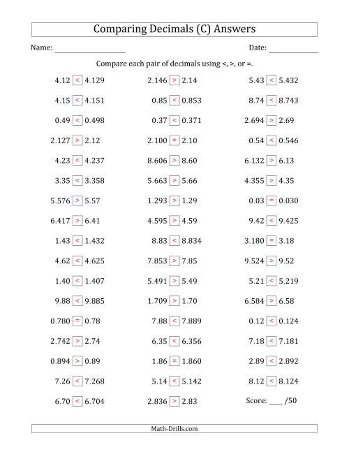 The Comparing Decimals Up to Thousandths (One Number Has an Extra Digit) (C) Math Worksheet Page 2