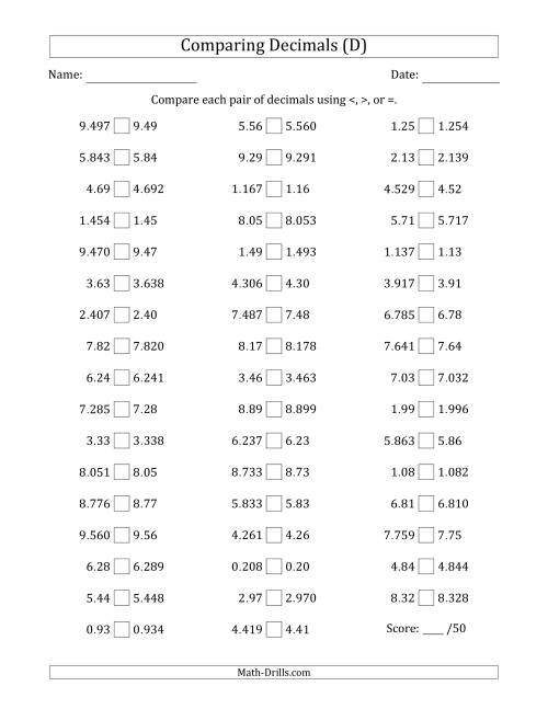 The Comparing Decimals Up to Thousandths (One Number Has an Extra Digit) (D) Math Worksheet