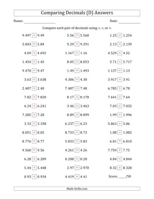 The Comparing Decimals Up to Thousandths (One Number Has an Extra Digit) (D) Math Worksheet Page 2
