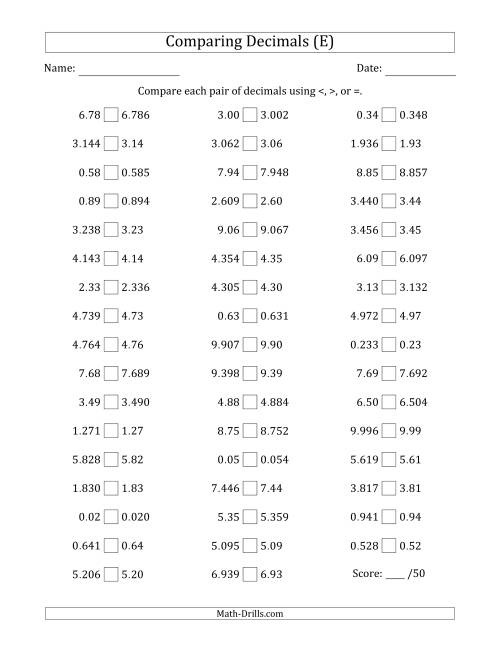 The Comparing Decimals Up to Thousandths (One Number Has an Extra Digit) (E) Math Worksheet