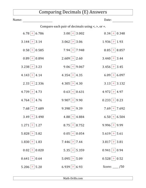 The Comparing Decimals Up to Thousandths (One Number Has an Extra Digit) (E) Math Worksheet Page 2
